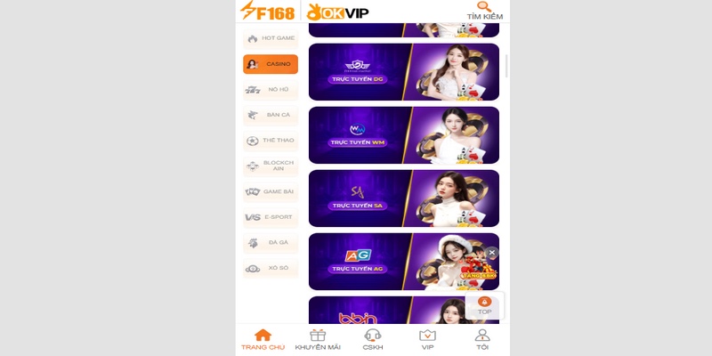 Giới thiệu sảnh casino F168 trực tuyến